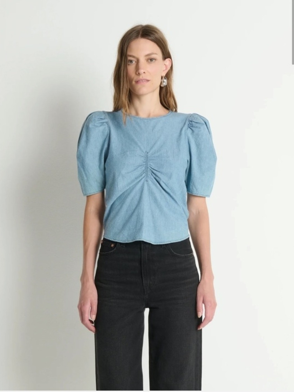 Nation LTD Light Blue Puff Sleeve Ruched Top